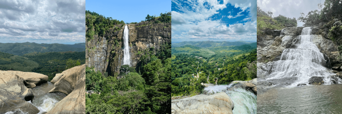 collage of diyaluma falls long shot, upper diyaluma falls and top panoramic view