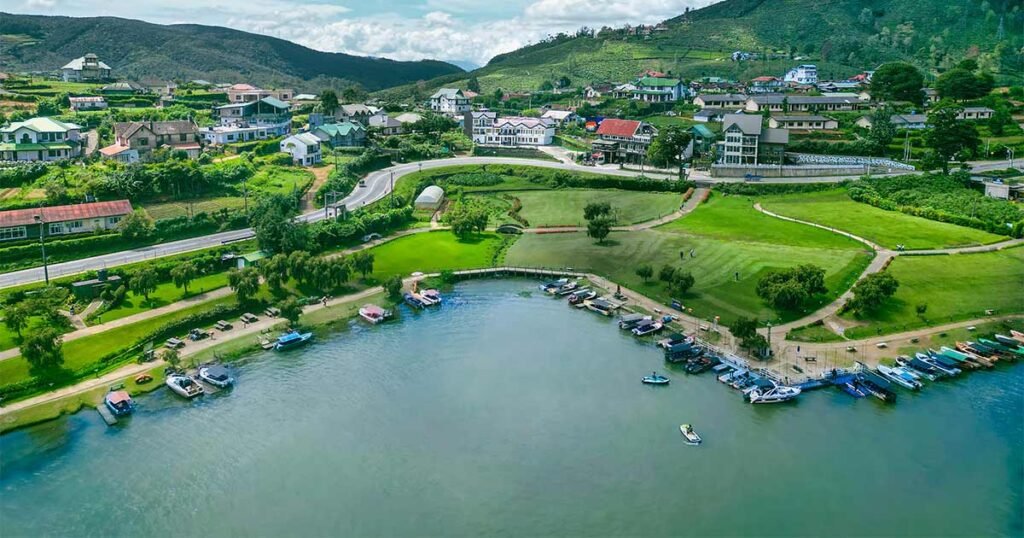 arial view of gregory lake nuwara eliya with boats docked and people enjoying
