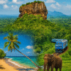 plan your trip to sri lanka. Image with sigiriya, ella train, elephant and coconut tree at beach.